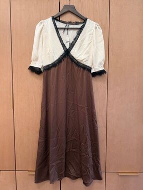 Anthropologie Cream and Brown Lace-Trim Midi Dress